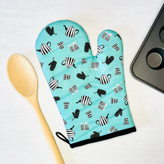 Teapots on Teal Oven Mitt