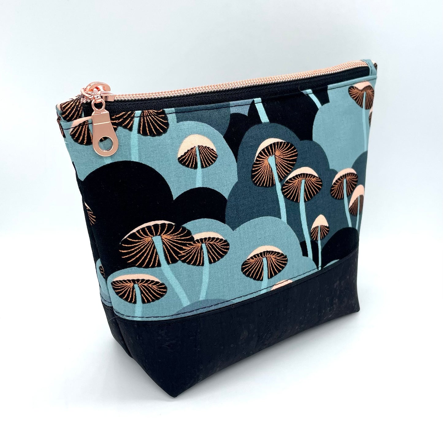 Rose Gold Metallic Mushroom Black Cork Zipper Pouch