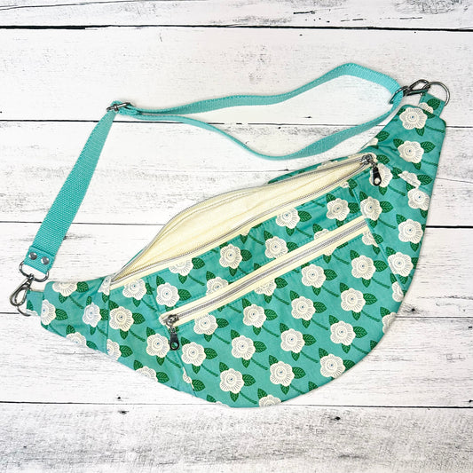 Japanese-Inspired Floral Teal Fanny Pack