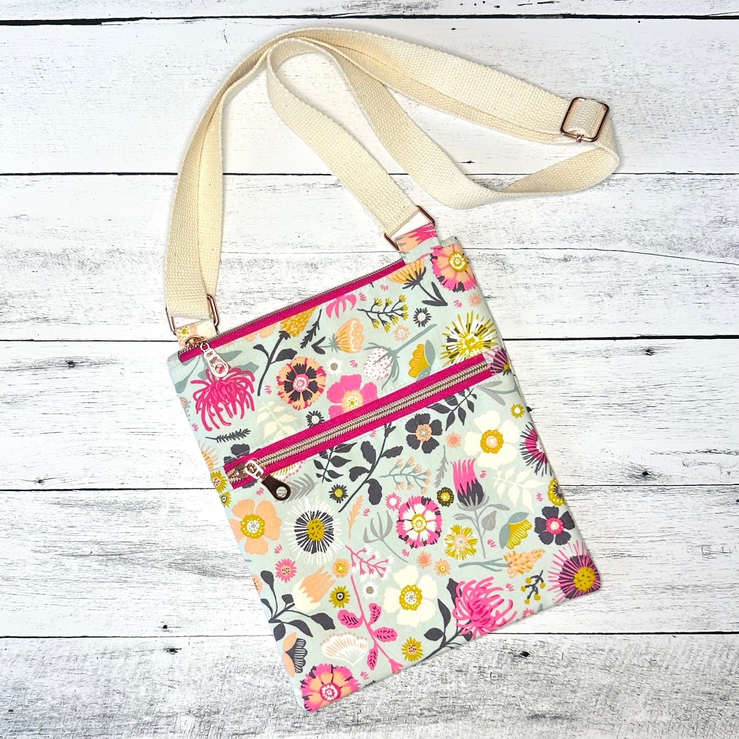 Pink Floral on Blue Crossbody Bag