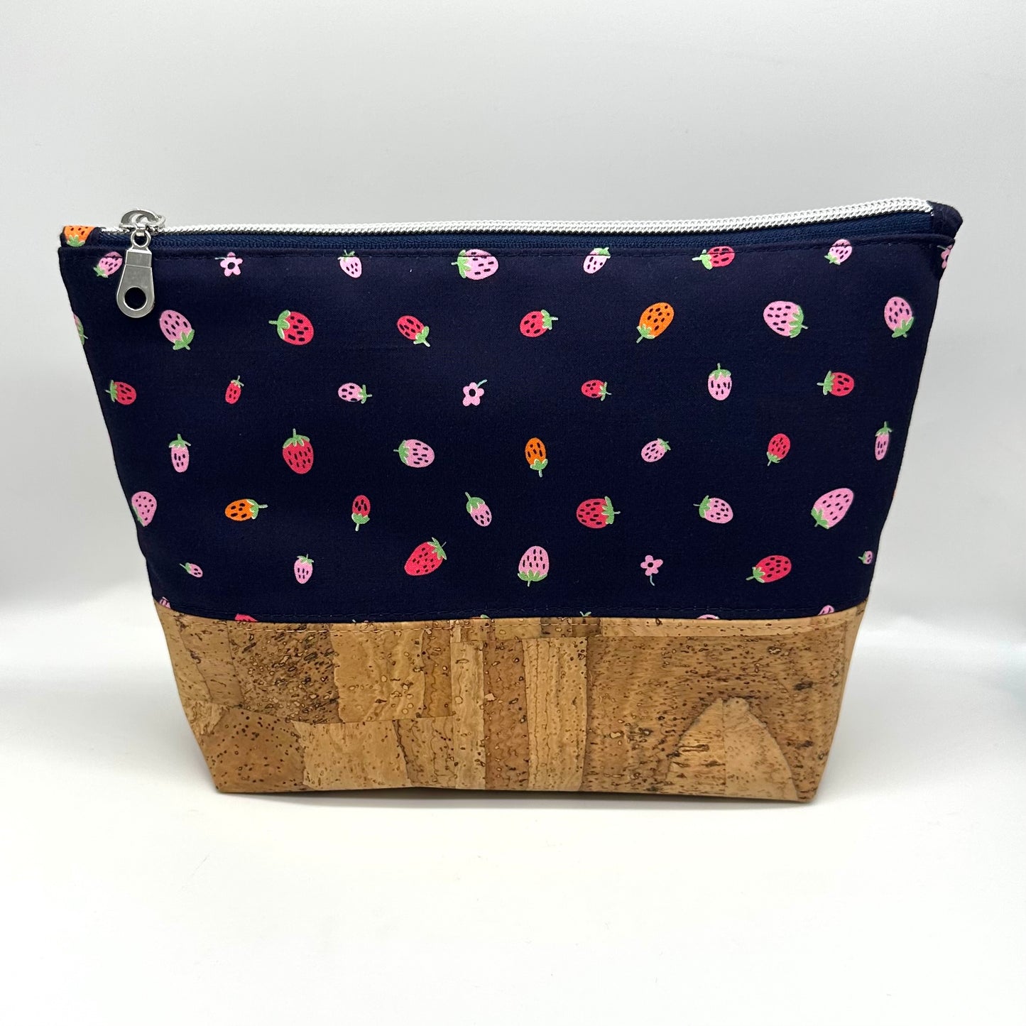 Tiny Strawberry Navy Cork Zipper Pouch