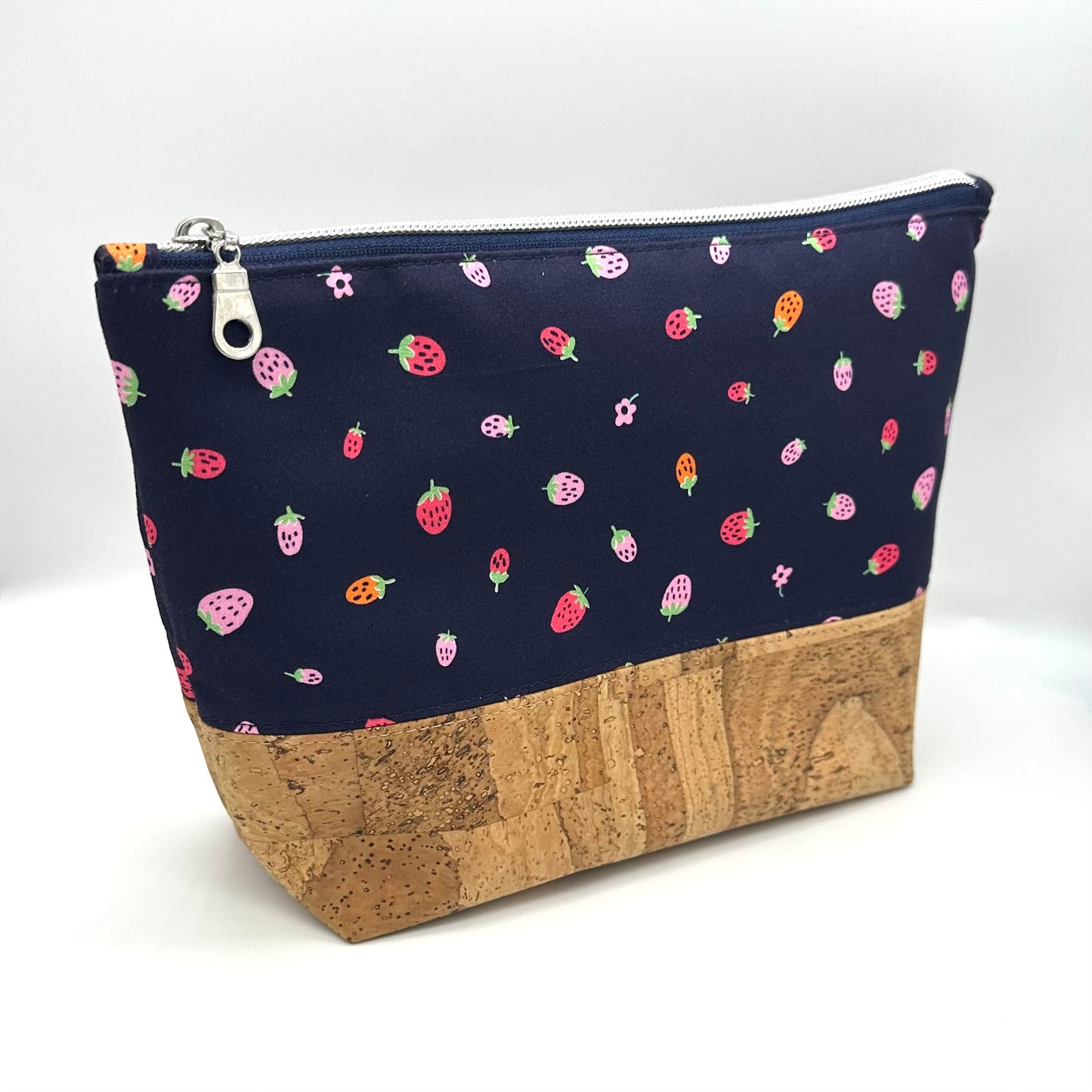 Tiny Strawberry Navy Cork Zipper Pouch