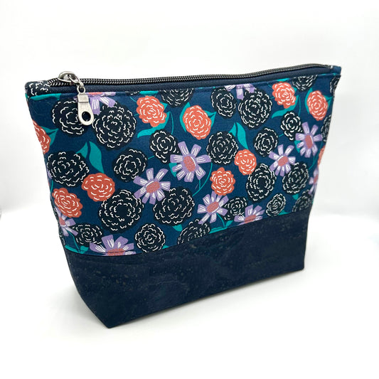 Navy & Purple Floral Cork Zipper Pouch