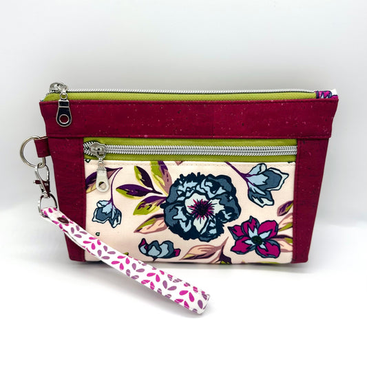 Burgandy Floral Cork Wristlet Clutch